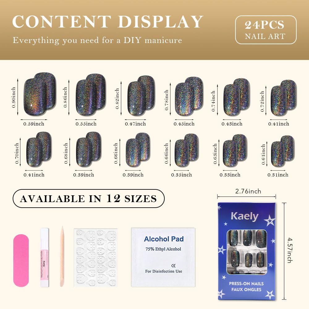 evpct Black Chrome Metallic Cat Eye Press on Nails Square Medium, Glue on Nails Medium Length Square for Women, Black Metallic Nail press ons, Iridescent Glitter Halloween Acrylic Fake Press on Nail