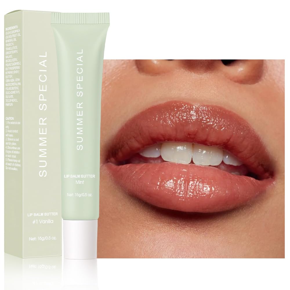 4PCS Summer Ultra-Hydrating Lip Butter Balm – Natural Vegan Lip Balm for Instant Moisture, Shine & Hydration, Sheer-Tinted, Soothes & Softens Dry Lips, Taste Vanilla & Mint & lced Coffee & Cake