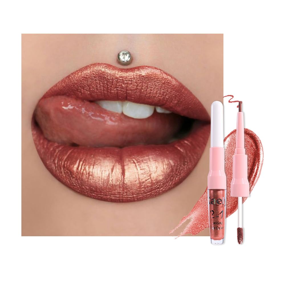 Kaely 2in1 Mauve Metallic Lipstick and Lip Liner, Shimmer Glitter Lip Gloss Long Lasting Waterproof 24 Hours, Pearlescent Sparkly Liquid Lipsticks Stain Makeup for Women, Vegan Formula
