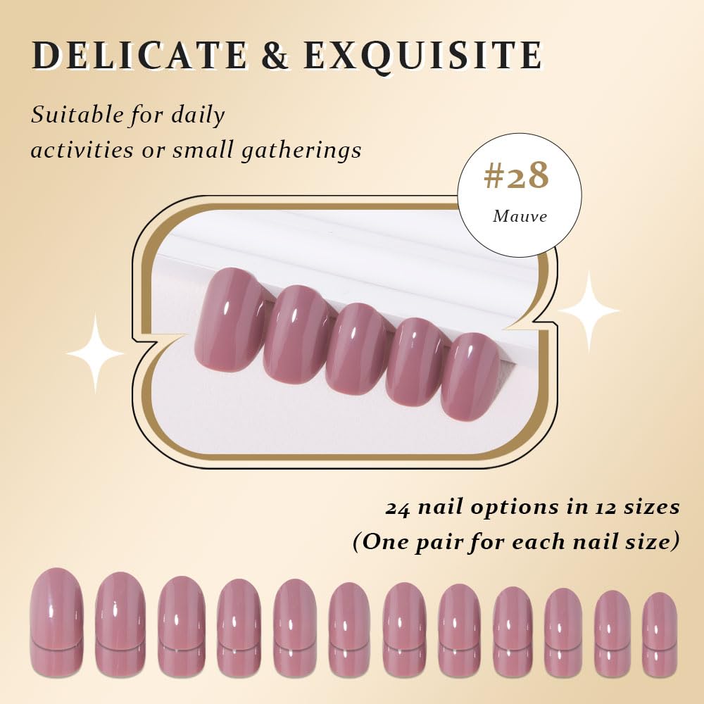 evpct Mauve Real Short Oval Press on Nails for Women, Extra Short Glossy Mauve Fake Nail Salon Quality with Nail Kit Set Kit, Soft Gel Full Cover Reusable Stick on Acrylic False Nails Perfectly Fit