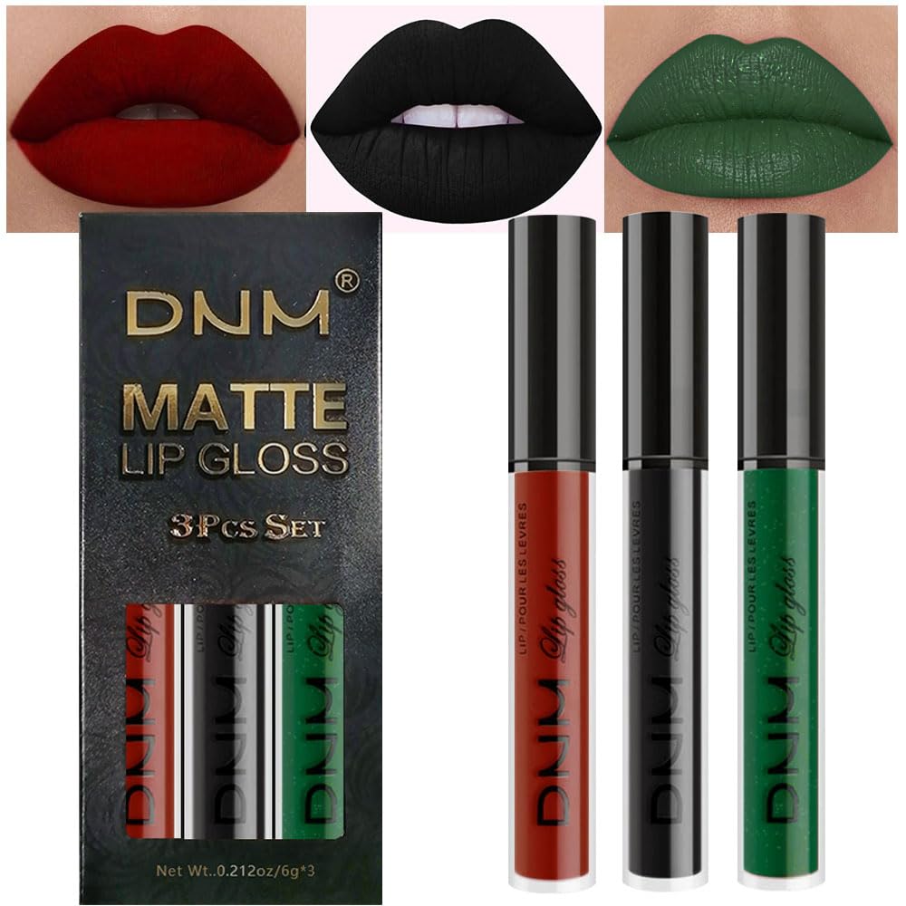 evpct DNM 3Pcs Dark Ruby Fire Red Matte Liquid Lipstick Lip Stain Lipgloss sets for Women 24 Hour Red Matte Lipstick Long Lasting Smudge Proof
