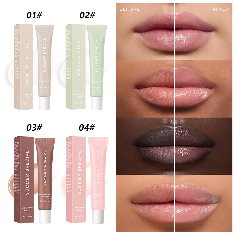 4PCS Summer Ultra-Hydrating Lip Butter Balm – Natural Vegan Lip Balm for Instant Moisture, Shine & Hydration, Sheer-Tinted, Soothes & Softens Dry Lips, Taste Vanilla & Mint & lced Coffee & Cake