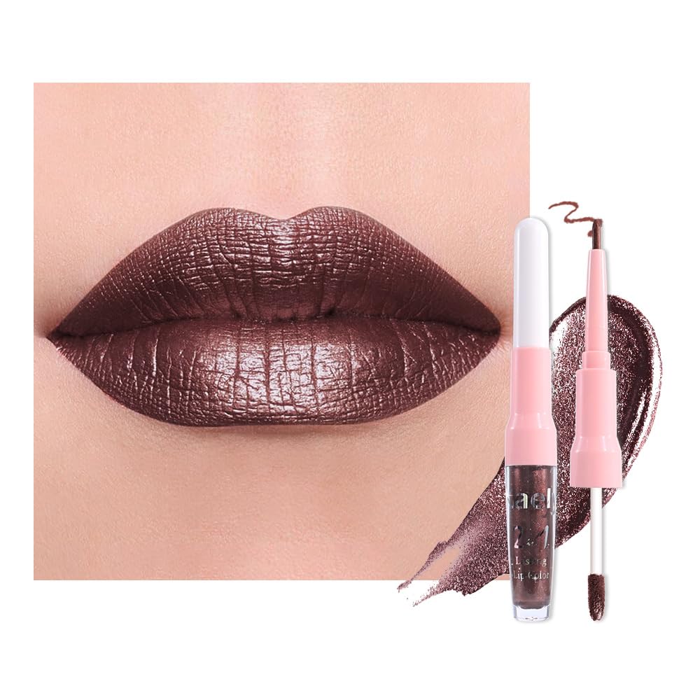 Kaely 2in1 Mauve Metallic Lipstick and Lip Liner, Shimmer Glitter Lip Gloss Long Lasting Waterproof 24 Hours, Pearlescent Sparkly Liquid Lipsticks Stain Makeup for Women, Vegan Formula