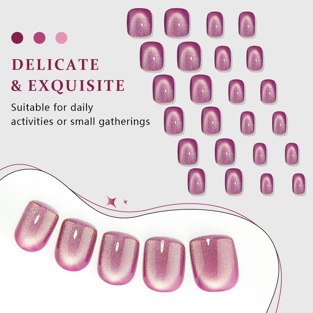 evpct Nude Cat Eye Short Press on Nails Square, Short Square Stick on Nails for Women Gift, Pearl White Metallic Glitter Glossy Reusable Spring Summer Soft Gel Press on Acrylic Fake Nail with Designs