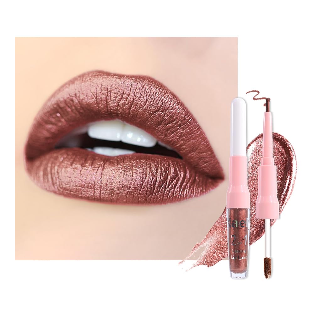 Kaely 2in1 Mauve Metallic Lipstick and Lip Liner, Shimmer Glitter Lip Gloss Long Lasting Waterproof 24 Hours, Pearlescent Sparkly Liquid Lipsticks Stain Makeup for Women, Vegan Formula
