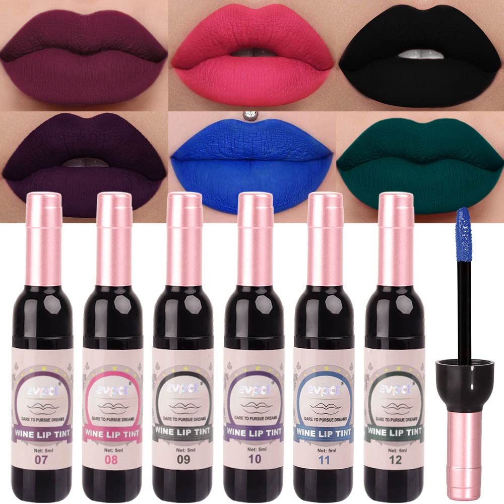 evpct 6Pcs Wine Bottle Lip Tint Stain Set Long Lasting Lipstick 24 hour Waterproof for Women, Ruby Dark Deep Rose Red Plum Purple Brown Matte Magic Lipstick 24 Hours Lipstick Lip Liner Stain Peel off
