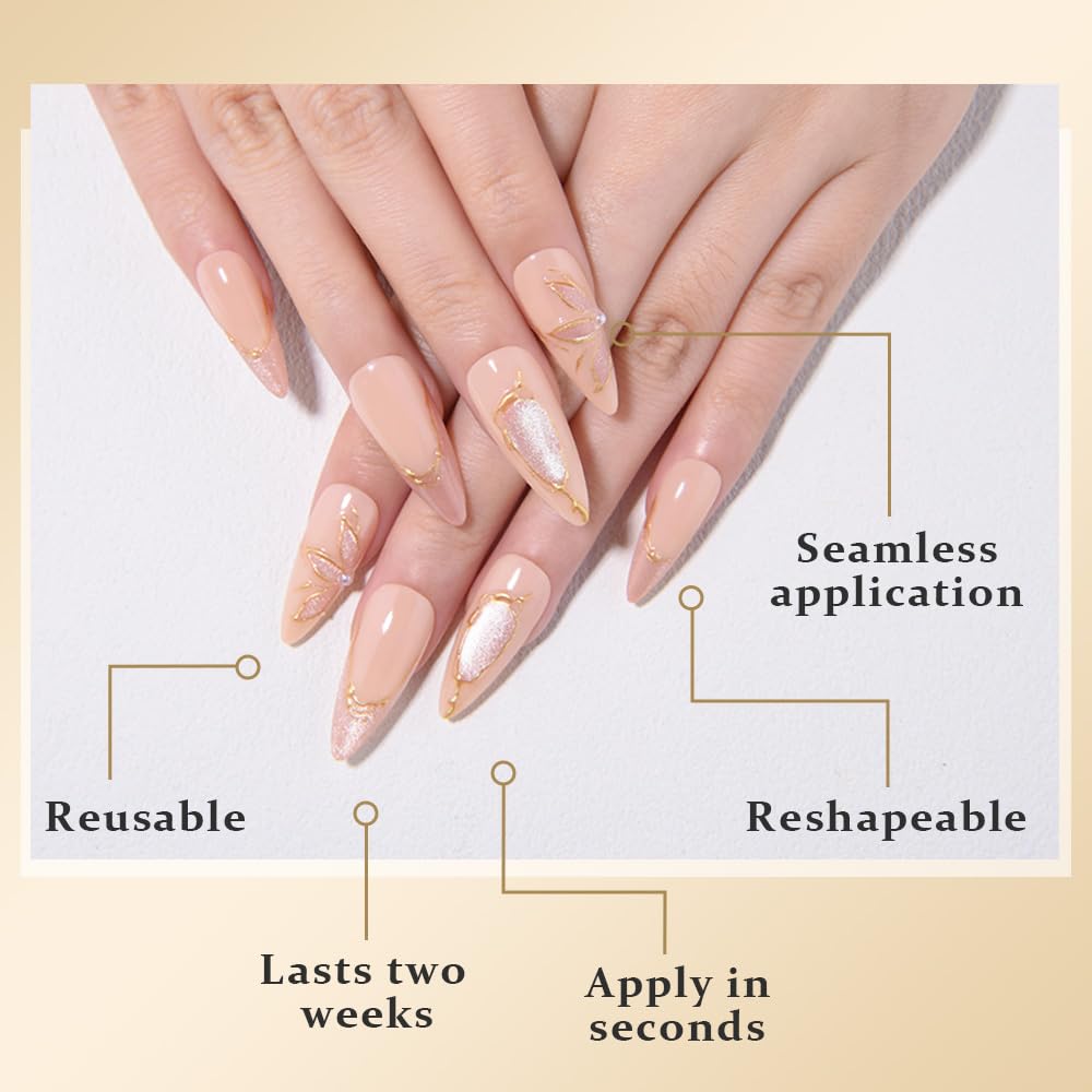 evpct Gold French Tip Press on Nails Almond Medium, Nude Pink + Gold Line Tips, Stick on Nails Medium Almond for Women, Full Cover Perfectly Fit Handmade Soft Gel Artificial Fake False Nail Kit