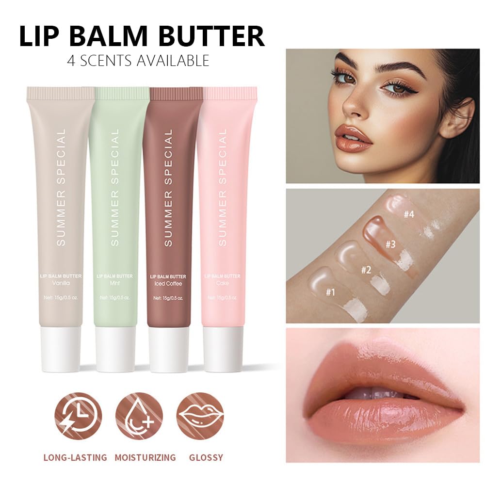 4PCS Summer Ultra-Hydrating Lip Butter Balm – Natural Vegan Lip Balm for Instant Moisture, Shine & Hydration, Sheer-Tinted, Soothes & Softens Dry Lips, Taste Vanilla & Mint & lced Coffee & Cake