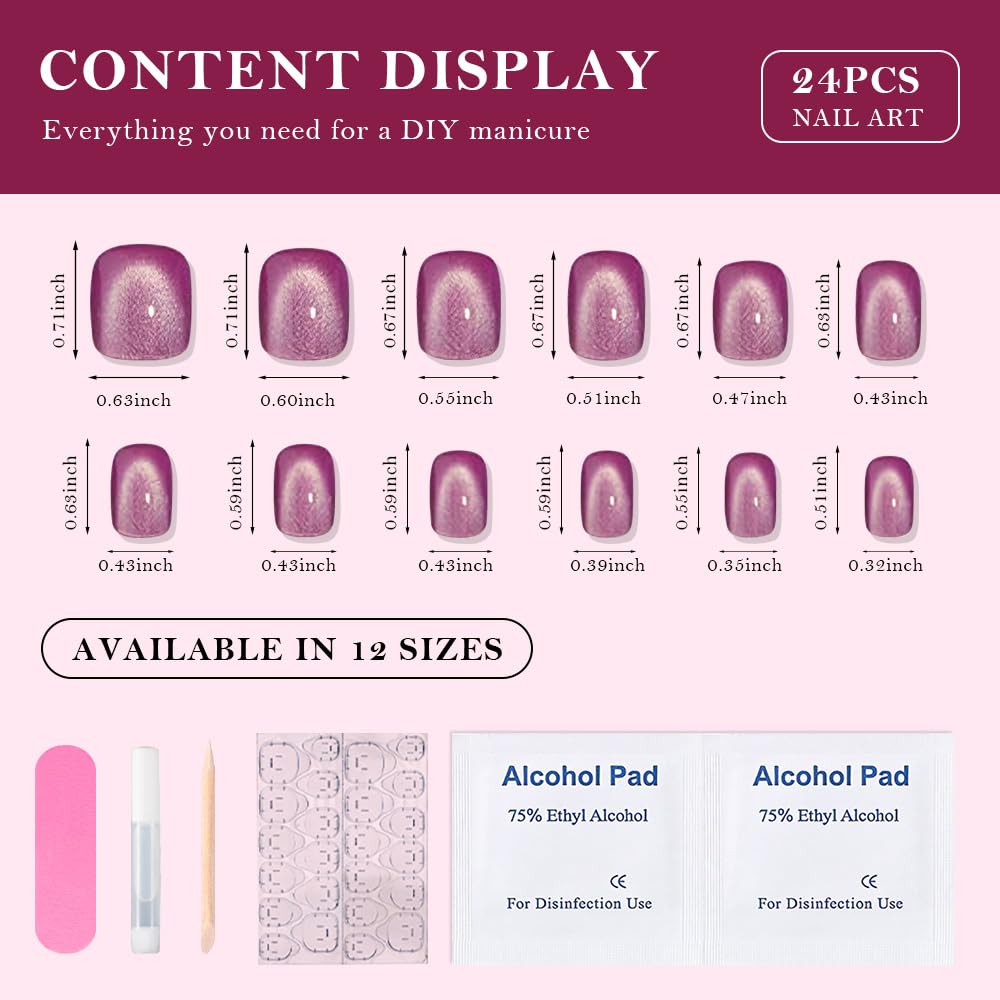 evpct Nude Cat Eye Short Press on Nails Square, Short Square Stick on Nails for Women Gift, Pearl White Metallic Glitter Glossy Reusable Spring Summer Soft Gel Press on Acrylic Fake Nail with Designs