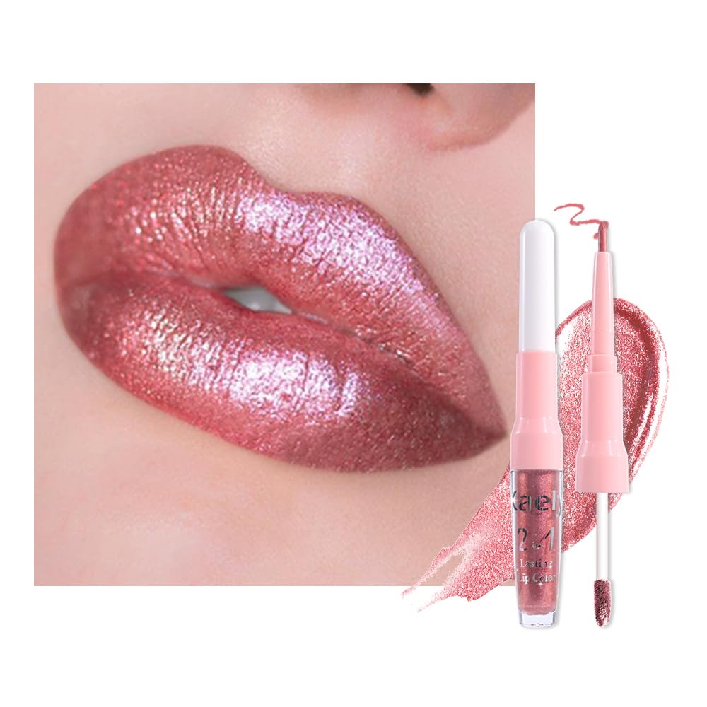 Kaely 2in1 Mauve Metallic Lipstick and Lip Liner, Shimmer Glitter Lip Gloss Long Lasting Waterproof 24 Hours, Pearlescent Sparkly Liquid Lipsticks Stain Makeup for Women, Vegan Formula