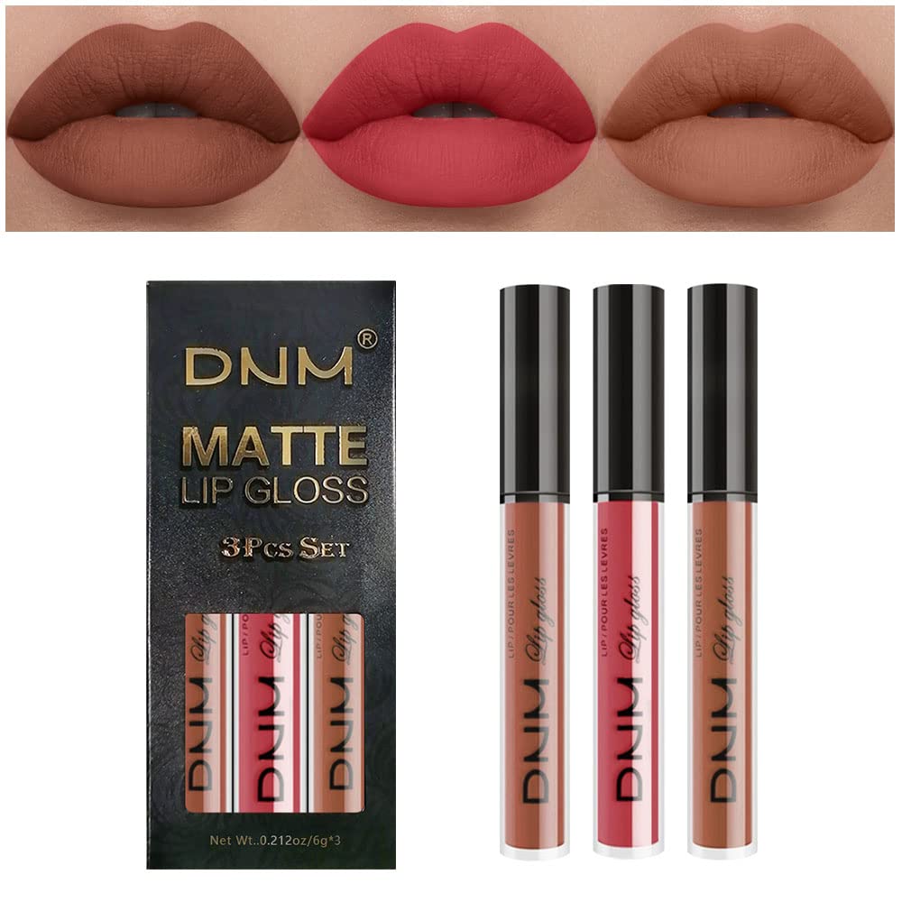 evpct DNM 3Pcs Dark Ruby Fire Red Matte Liquid Lipstick Lip Stain Lipgloss sets for Women 24 Hour Red Matte Lipstick Long Lasting Smudge Proof