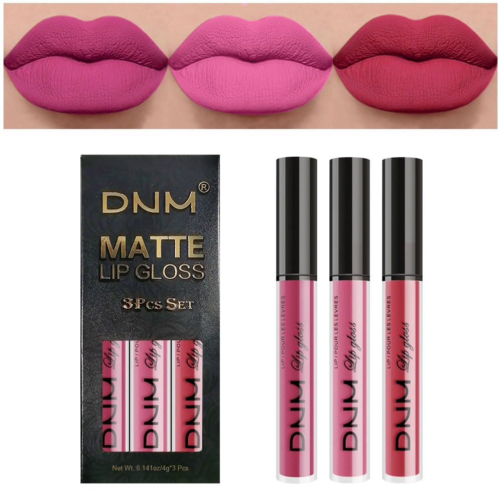 evpct DNM 3Pcs Dark Ruby Fire Red Matte Liquid Lipstick Lip Stain Lipgloss sets for Women 24 Hour Red Matte Lipstick Long Lasting Smudge Proof