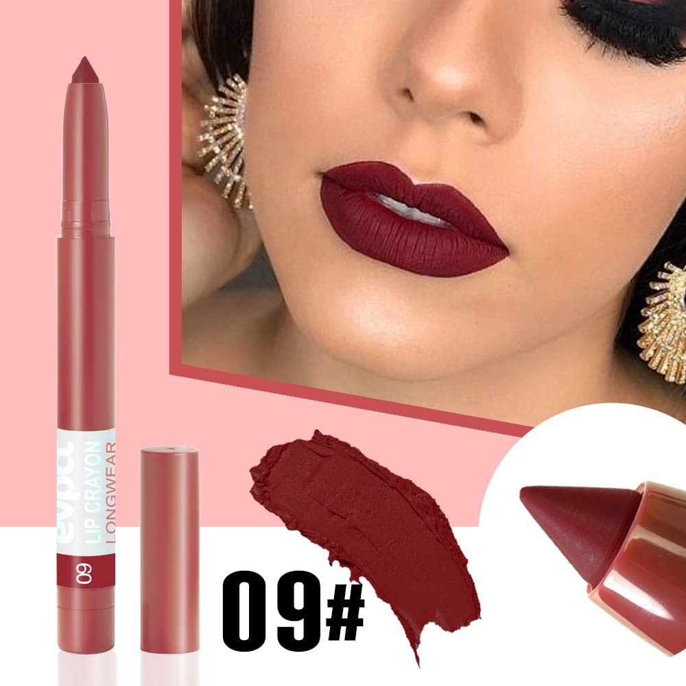 evpct 8Pcs Dark Ruby Red Plum Purple Wine Nude Beige Brown Matte Lipstick and Lip Crayon Liner Pencil Pen Set for Women labial labiales mate magicos 24 horas originales pintalabios permanente 24 horas