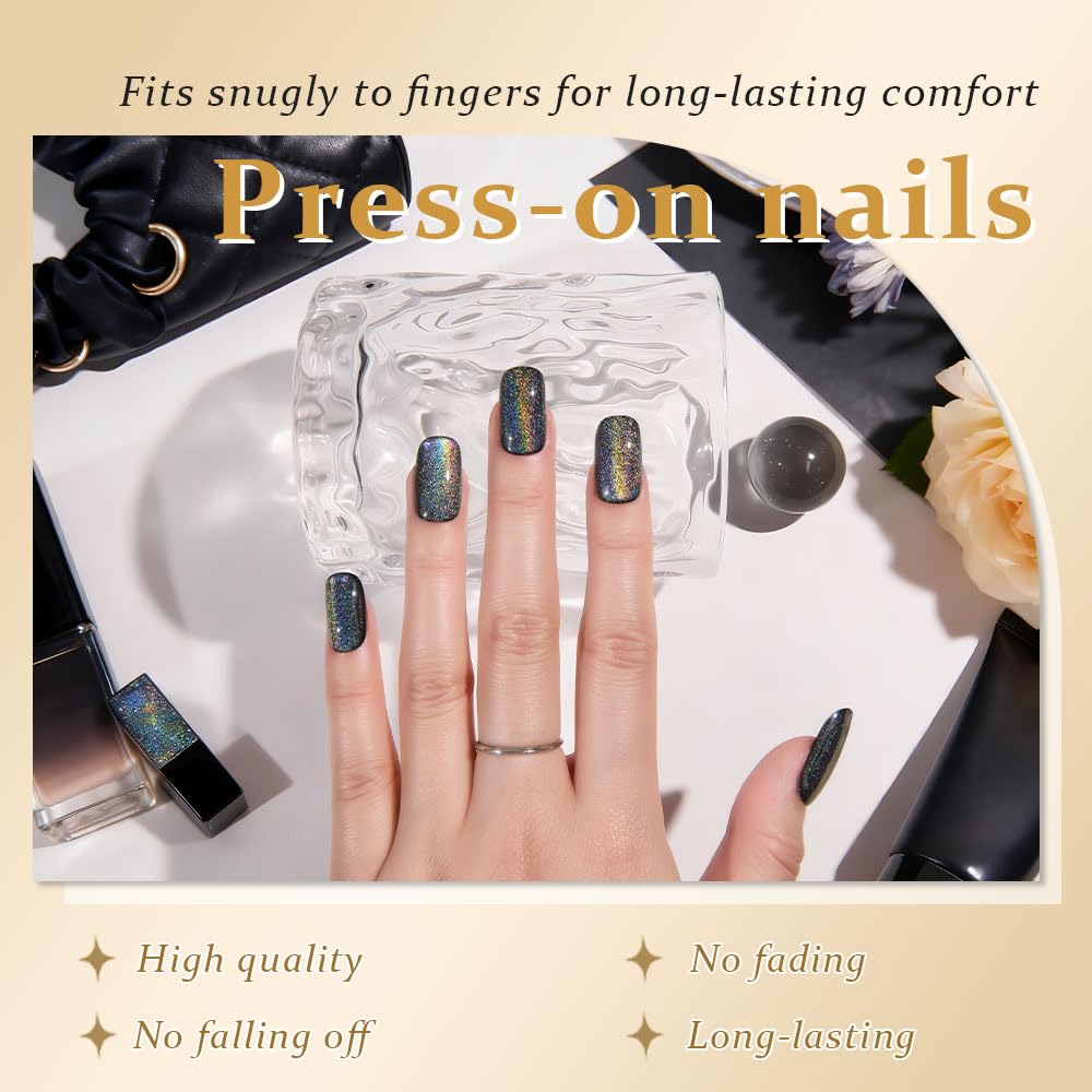 evpct Black Chrome Metallic Cat Eye Press on Nails Square Medium, Glue on Nails Medium Length Square for Women, Black Metallic Nail press ons, Iridescent Glitter Halloween Acrylic Fake Press on Nail