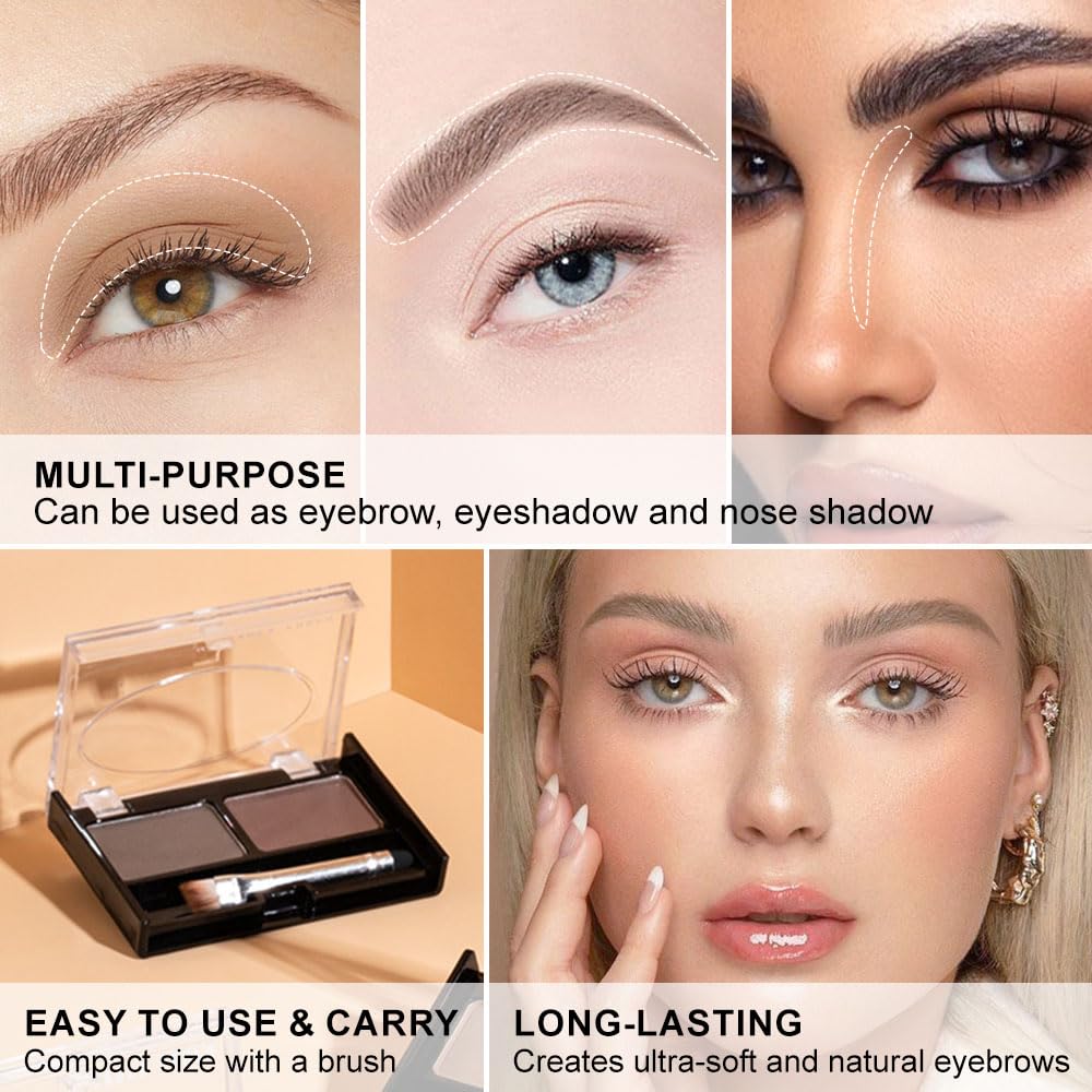 Kaely 2 Color Eyebrow Powder Makeup Kit, Eye Brow Contour Palette for Beginners, Long Lasting Waterproof Eye Brow Powder with Brow Brush, Get Full Defined Natural Brows, 03 Light Brown & Dark Brown