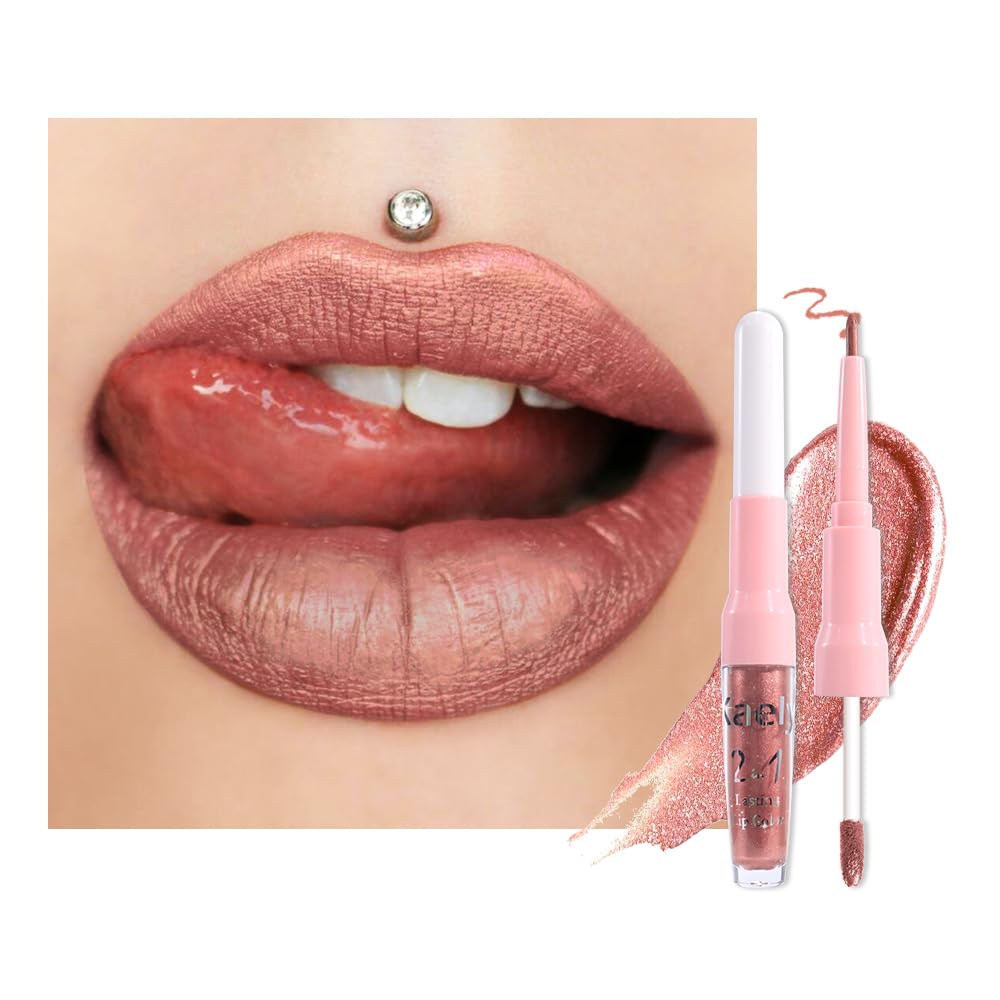 Kaely 2in1 Mauve Metallic Lipstick and Lip Liner, Shimmer Glitter Lip Gloss Long Lasting Waterproof 24 Hours, Pearlescent Sparkly Liquid Lipsticks Stain Makeup for Women, Vegan Formula