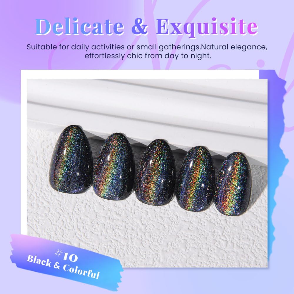 evpct Black Cat Eye Press on Nails Short Almond, Iridescent Colorful Metallic Glitter Glossy Stick on Nail for Women Gift with Kit, Reusable Full Cover Soft Gel Press on Fake Nail with Design