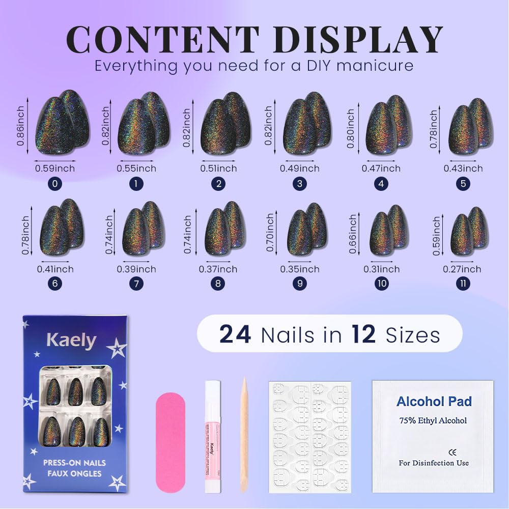 evpct Black Cat Eye Press on Nails Short Almond, Iridescent Colorful Metallic Glitter Glossy Stick on Nail for Women Gift with Kit, Reusable Full Cover Soft Gel Press on Fake Nail with Design