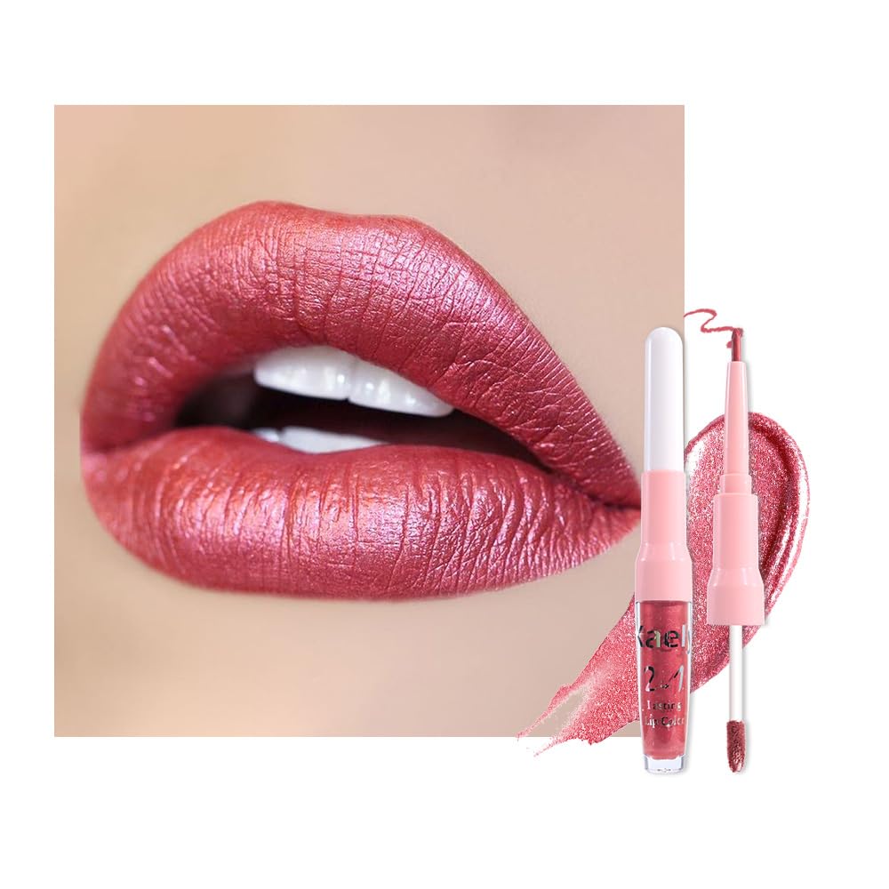 Kaely 2in1 Mauve Metallic Lipstick and Lip Liner, Shimmer Glitter Lip Gloss Long Lasting Waterproof 24 Hours, Pearlescent Sparkly Liquid Lipsticks Stain Makeup for Women, Vegan Formula