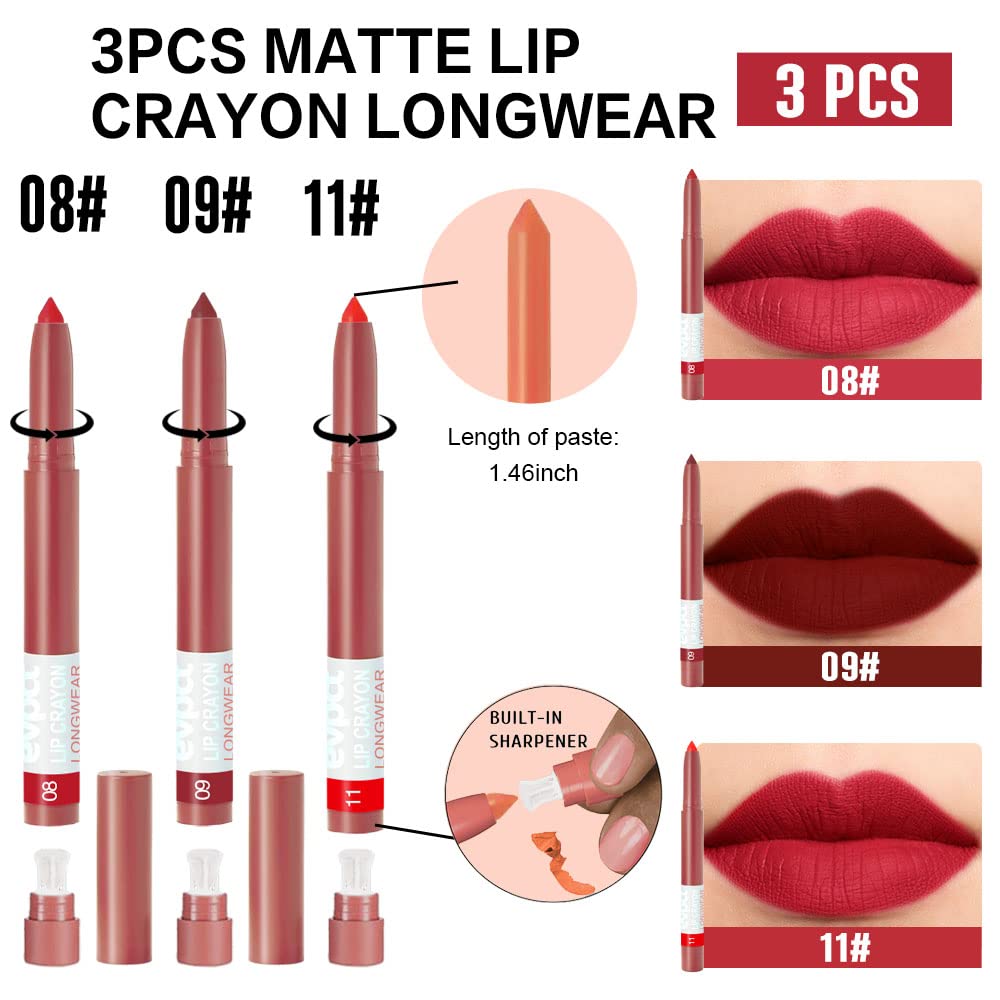 evpct 8Pcs Dark Ruby Red Plum Purple Wine Nude Beige Brown Matte Lipstick and Lip Crayon Liner Pencil Pen Set for Women labial labiales mate magicos 24 horas originales pintalabios permanente 24 horas