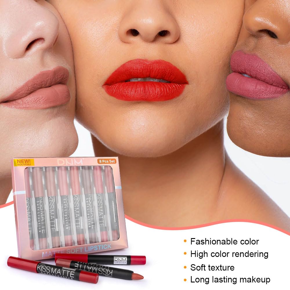 evpct 8Pcs Dark Ruby Red Plum Purple Wine Nude Beige Brown Matte Lipstick and Lip Crayon Liner Pencil Pen Set for Women labial labiales mate magicos 24 horas originales pintalabios permanente 24 horas