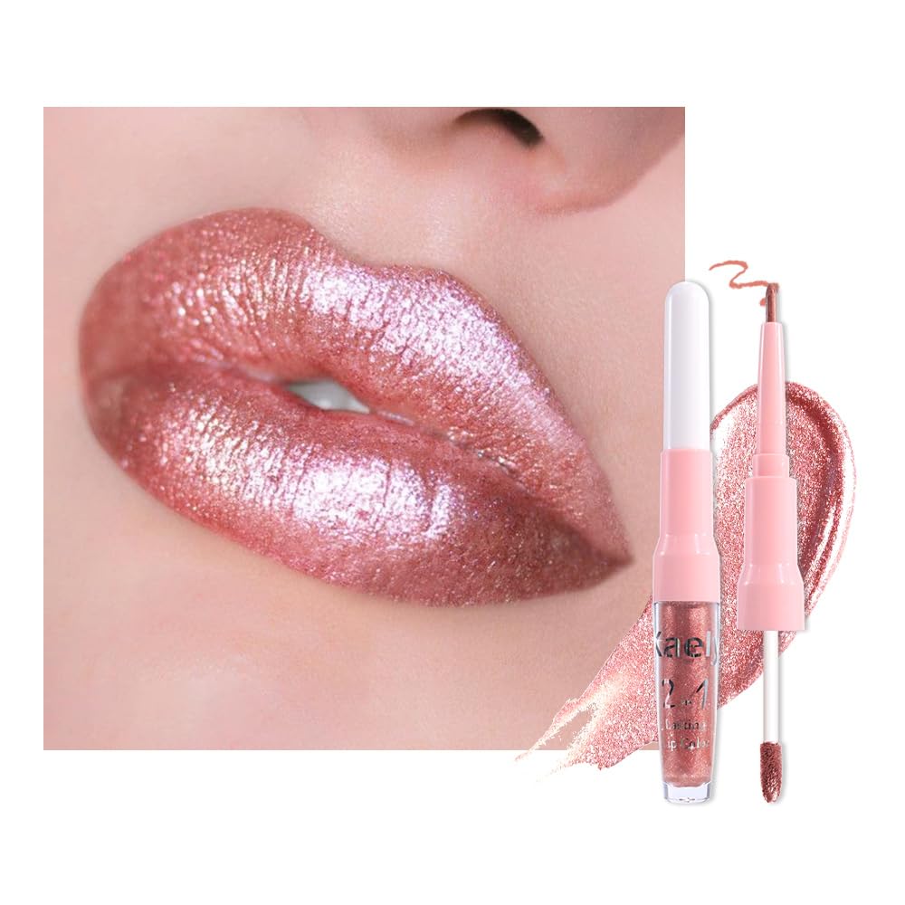 Kaely 2in1 Mauve Metallic Lipstick and Lip Liner, Shimmer Glitter Lip Gloss Long Lasting Waterproof 24 Hours, Pearlescent Sparkly Liquid Lipsticks Stain Makeup for Women, Vegan Formula
