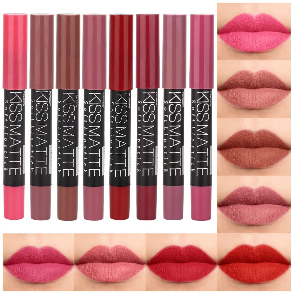 evpct 8Pcs Dark Ruby Red Plum Purple Wine Nude Beige Brown Matte Lipstick and Lip Crayon Liner Pencil Pen Set for Women labial labiales mate magicos 24 horas originales pintalabios permanente 24 horas