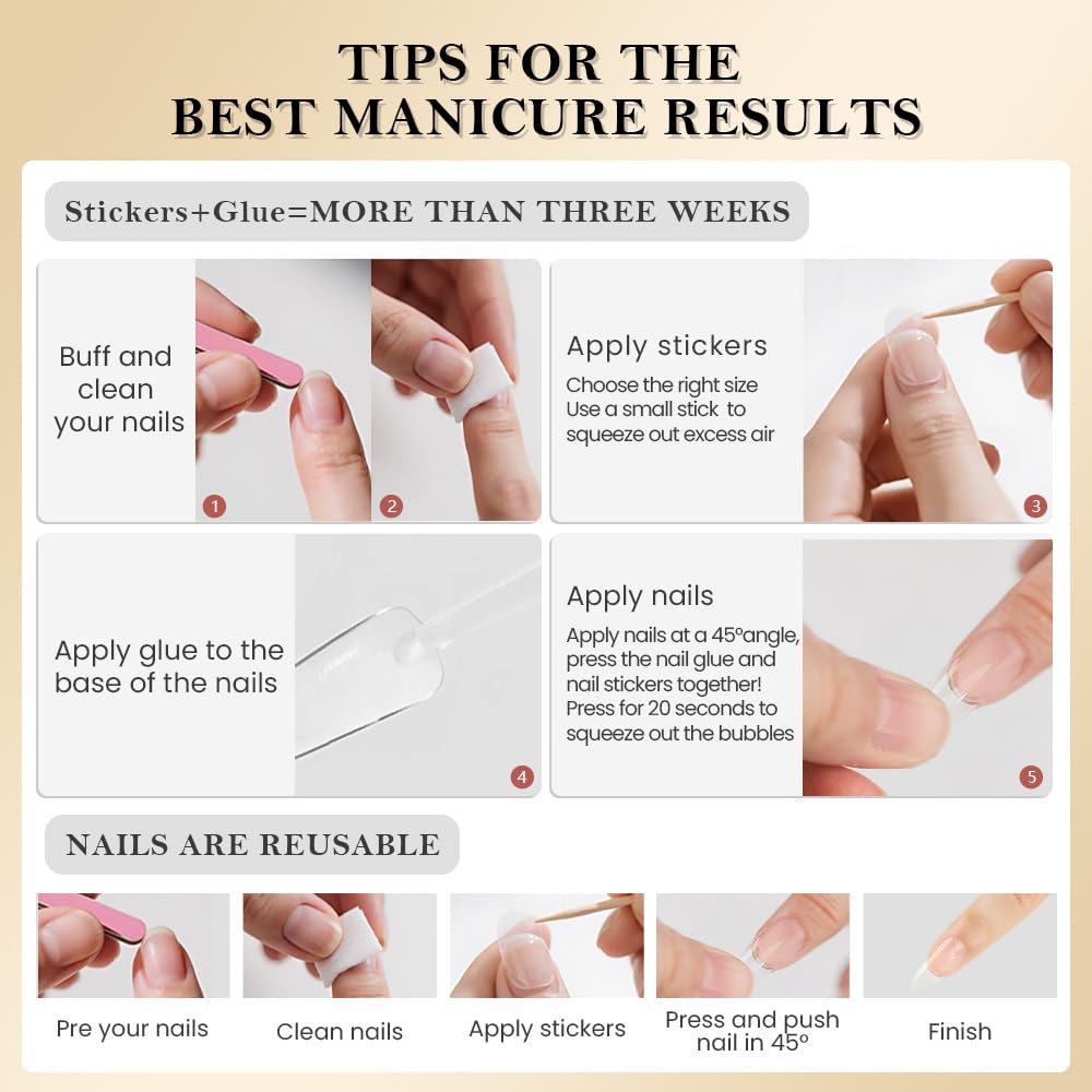 evpct Gold French Tip Press on Nails Almond Medium, Nude Pink + Gold Line Tips, Stick on Nails Medium Almond for Women, Full Cover Perfectly Fit Handmade Soft Gel Artificial Fake False Nail Kit