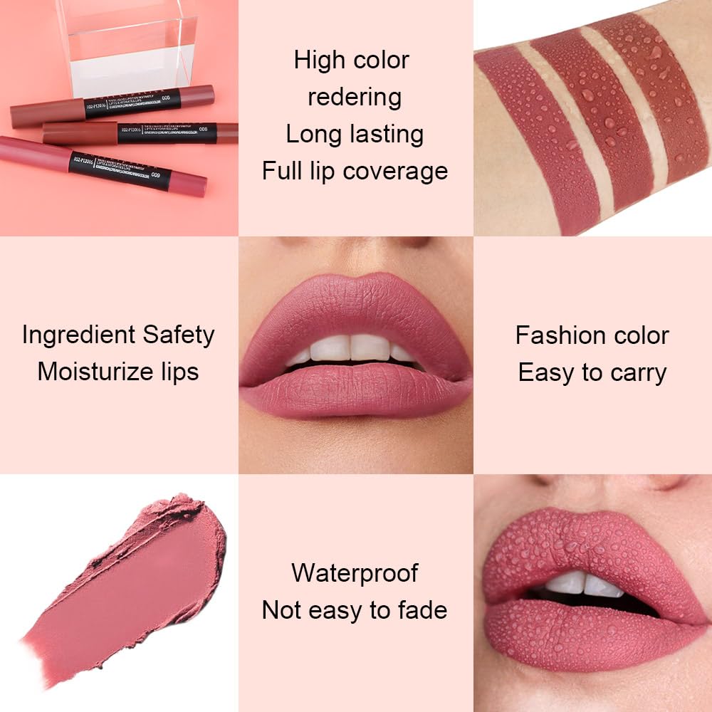 evpct 8Pcs Dark Ruby Red Plum Purple Wine Nude Beige Brown Matte Lipstick and Lip Crayon Liner Pencil Pen Set for Women labial labiales mate magicos 24 horas originales pintalabios permanente 24 horas