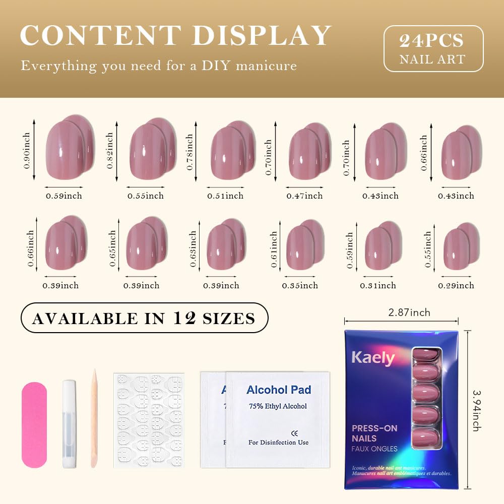 evpct Mauve Real Short Oval Press on Nails for Women, Extra Short Glossy Mauve Fake Nail Salon Quality with Nail Kit Set Kit, Soft Gel Full Cover Reusable Stick on Acrylic False Nails Perfectly Fit
