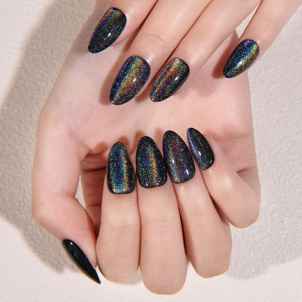 evpct Black Cat Eye Press on Nails Short Almond, Iridescent Colorful Metallic Glitter Glossy Stick on Nail for Women Gift with Kit, Reusable Full Cover Soft Gel Press on Fake Nail with Design