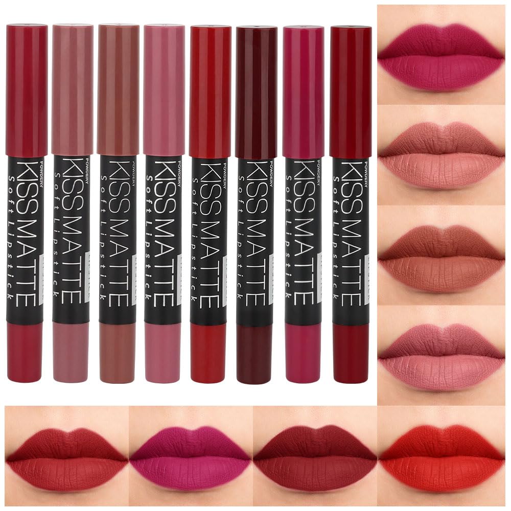 evpct 8Pcs Dark Ruby Red Plum Purple Wine Nude Beige Brown Matte Lipstick and Lip Crayon Liner Pencil Pen Set for Women labial labiales mate magicos 24 horas originales pintalabios permanente 24 horas