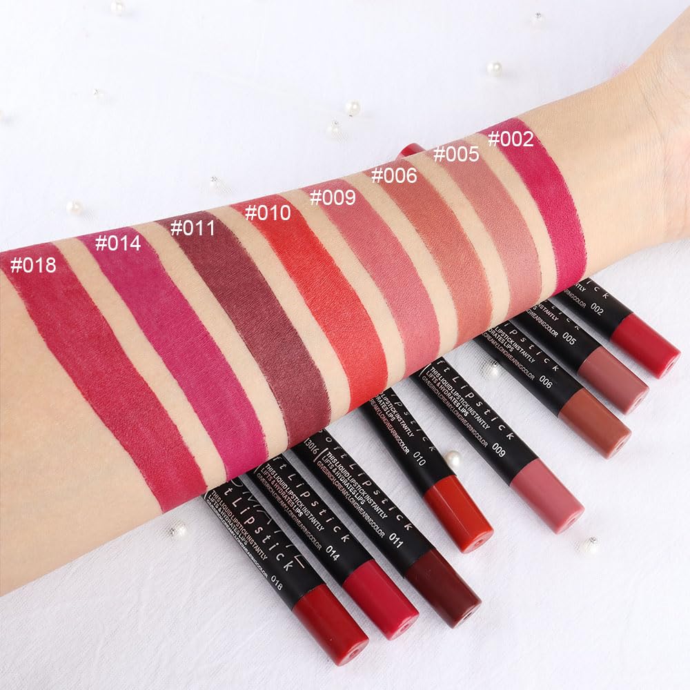 evpct 8Pcs Dark Ruby Red Plum Purple Wine Nude Beige Brown Matte Lipstick and Lip Crayon Liner Pencil Pen Set for Women labial labiales mate magicos 24 horas originales pintalabios permanente 24 horas