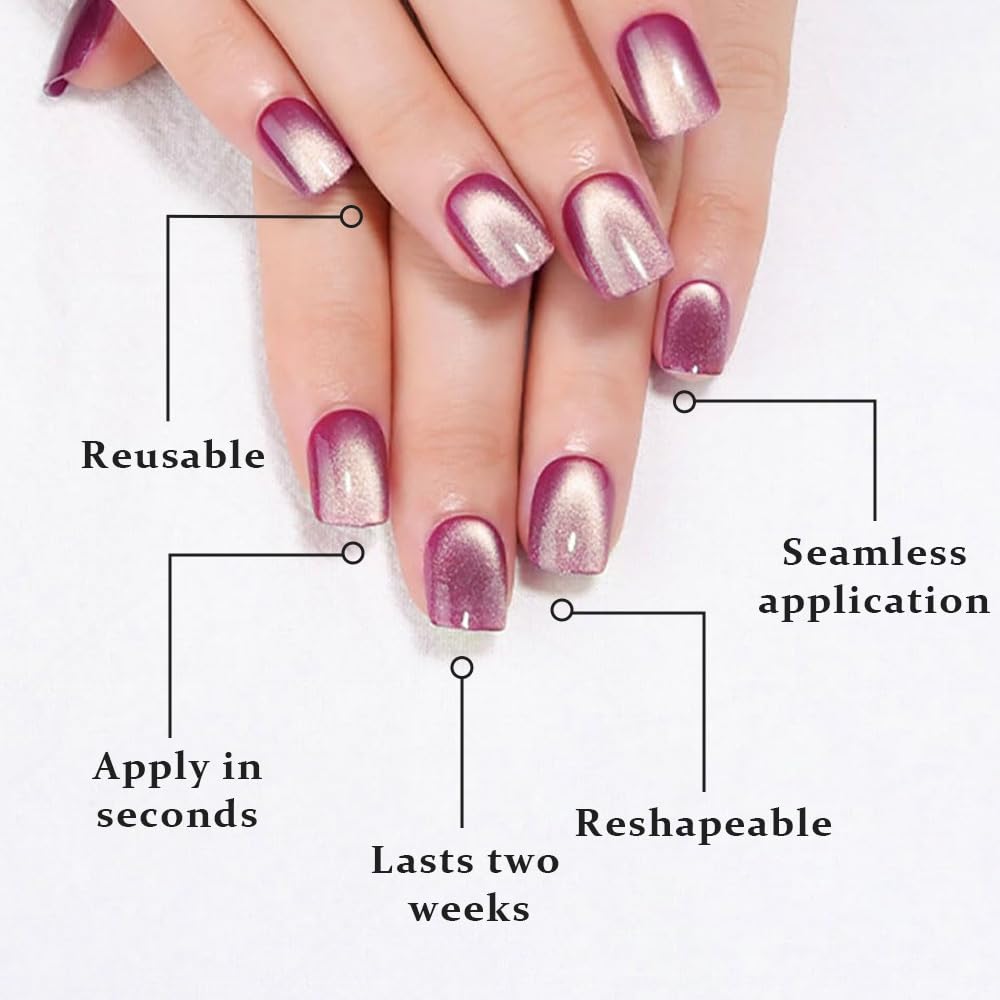 evpct Nude Cat Eye Short Press on Nails Square, Short Square Stick on Nails for Women Gift, Pearl White Metallic Glitter Glossy Reusable Spring Summer Soft Gel Press on Acrylic Fake Nail with Designs