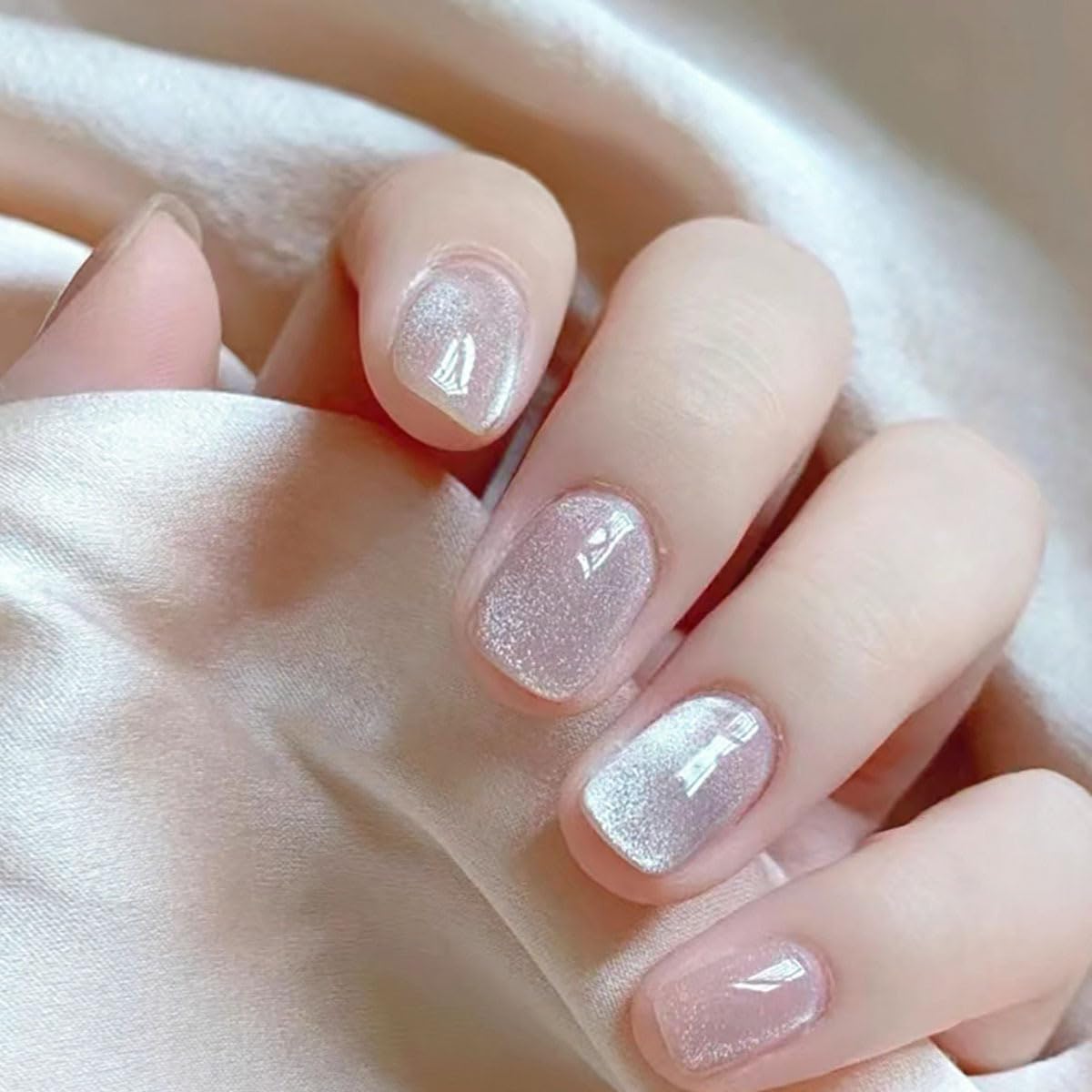 evpct Nude Cat Eye Short Press on Nails Square, Short Square Stick on Nails for Women Gift, Pearl White Metallic Glitter Glossy Reusable Spring Summer Soft Gel Press on Acrylic Fake Nail with Designs