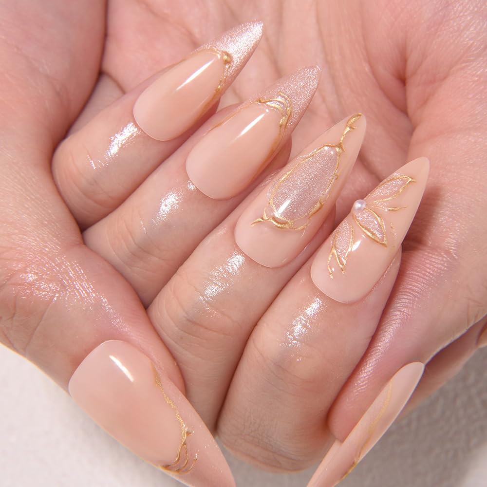 evpct Gold French Tip Press on Nails Almond Medium, Nude Pink + Gold Line Tips, Stick on Nails Medium Almond for Women, Full Cover Perfectly Fit Handmade Soft Gel Artificial Fake False Nail Kit