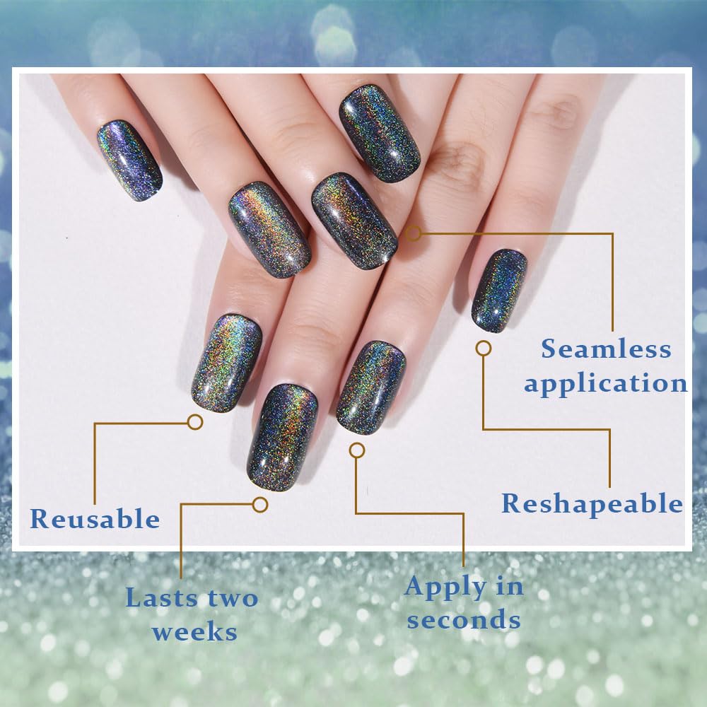 evpct Black Chrome Metallic Cat Eye Press on Nails Square Medium, Glue on Nails Medium Length Square for Women, Black Metallic Nail press ons, Iridescent Glitter Halloween Acrylic Fake Press on Nail