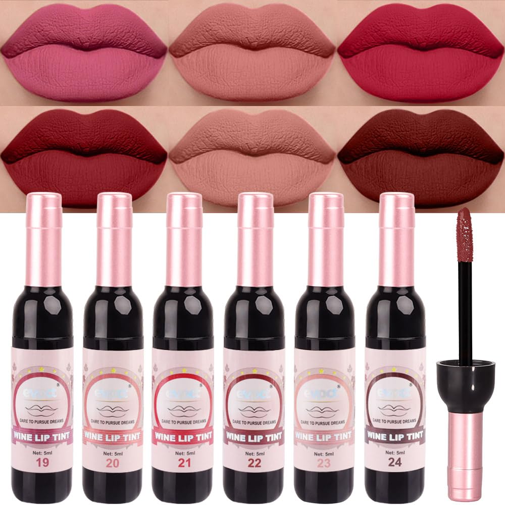 evpct 6Pcs Wine Bottle Lip Tint Stain Set Long Lasting Lipstick 24 hour Waterproof for Women, Ruby Dark Deep Rose Red Plum Purple Brown Matte Magic Lipstick 24 Hours Lipstick Lip Liner Stain Peel off