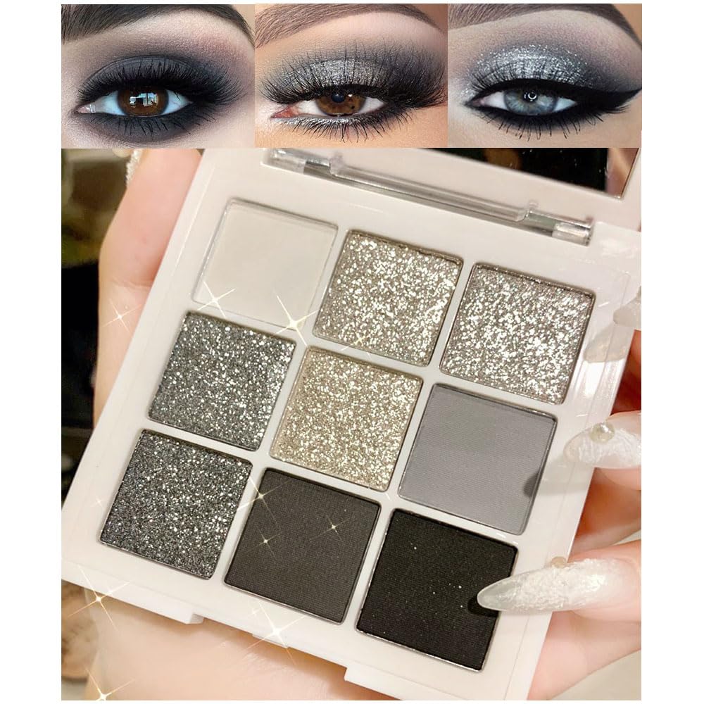 evpct 9 Colors Black Smokey Grey Gray Silver Glitter Shimmer Eye Shadow Makeup Palette Highly Pigmented Black Glitter Eyeshadow Makeup Palette sombra negra para ojos para ojos brillantes