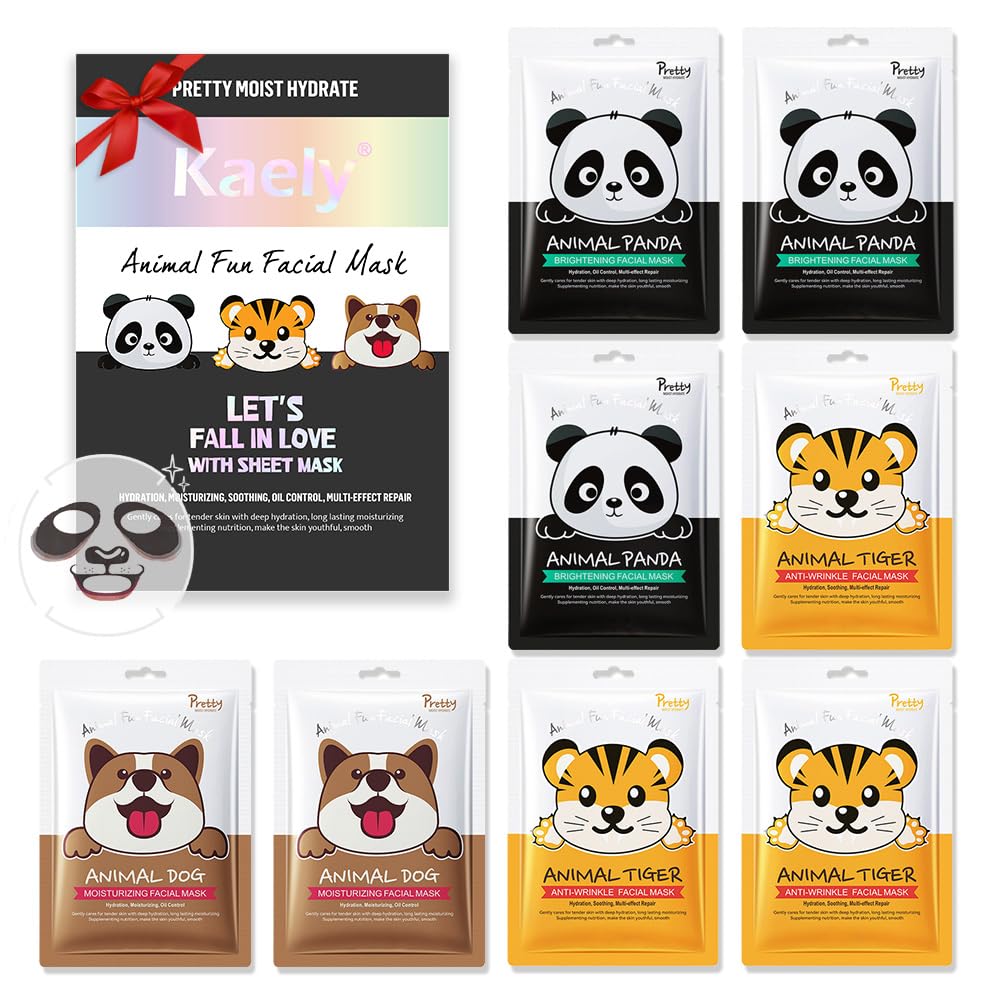 Kaely 8 Pack Animal Character Sheet Masks, Face Masks for Kids Teens Skin Care, Korean Soothe Facial Mask for All Skin Types, Girls Night Skincare Spa Party, Birthday Gifts for Women Men, Set01
