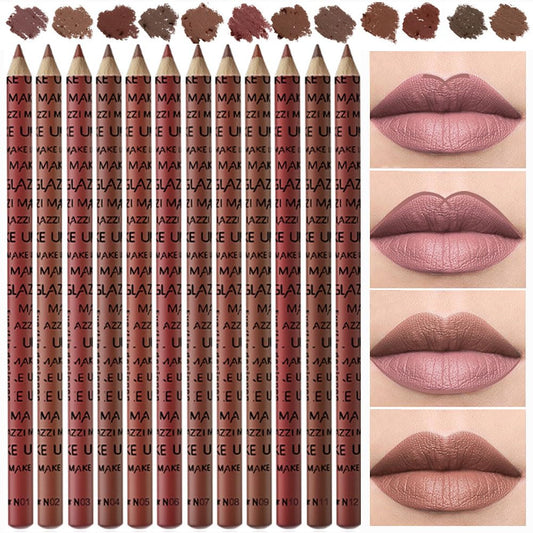 SUAKE 12 Pcs Colors Lip Liner Lipstick Pencils Set Pack for Shaping & Sculpting Lips,Natural Maroon Dark Red Nude Beige Chocolate Brown Plum Matte Pigmented Lipliners Crayon Lipstick