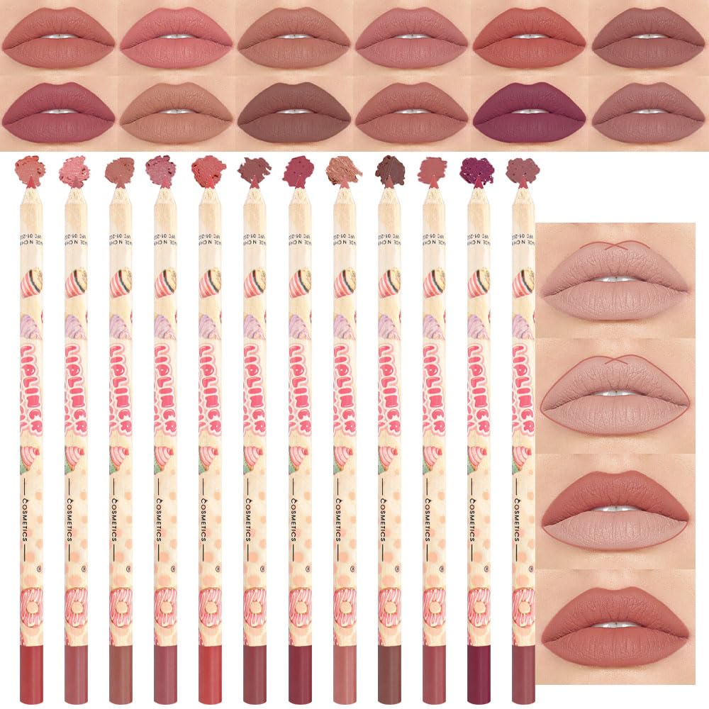 12 Pcs Natural Nude Brown Beige Colors Lip Liner Lipstick Pencils Set for Daily Makeup,Easy to Apply & Remove,Waterproof