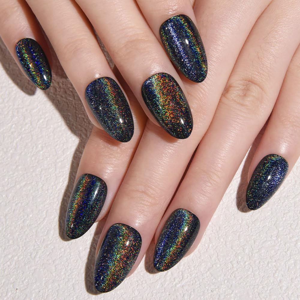 evpct Black Cat Eye Press on Nails Short Almond, Iridescent Colorful Metallic Glitter Glossy Stick on Nail for Women Gift with Kit, Reusable Full Cover Soft Gel Press on Fake Nail with Design