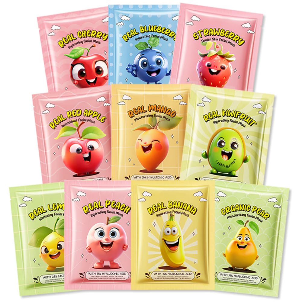 Kaely 10 Pack Fruit Face Masks for Kids, Spa Party Facial Mask Skincare Set, Sheet Masks Skin Care, Moisturize Brighten Soothe for All Skin Types, Christmas Birthday Gifts for Women Men Girls, 01