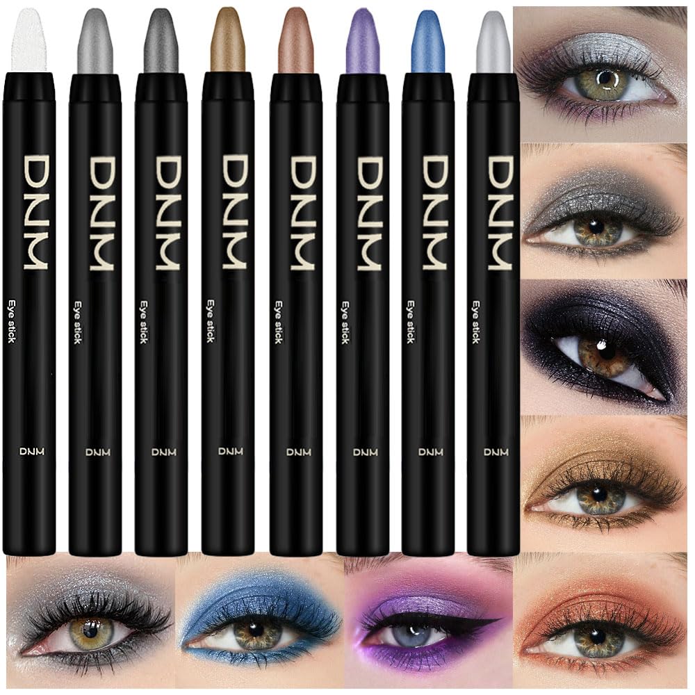 Kaely 8Pcs Cream Eyeshadow Stick Set for Eyes,Pearl White Black Gray Khaki Royal Blue Vioiet Purple Silver,Eye Brightener Shimmer Makeup Pen,Waterproof Eye Shadow Crayon Pencil,sombras para ojos