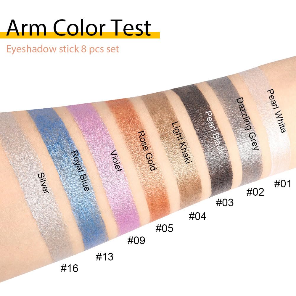 Kaely 8Pcs Cream Eyeshadow Stick Set for Eyes,Pearl White Black Gray Khaki Royal Blue Vioiet Purple Silver,Eye Brightener Shimmer Makeup Pen,Waterproof Eye Shadow Crayon Pencil,sombras para ojos